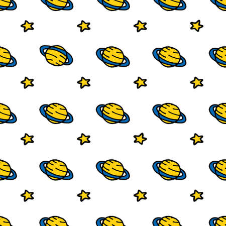 Seamless pattern with Cosmic objects. Vector illustration of Outer Space. Hand drawn doodle style. Comet, rocket, stars, planets, meteor. Pattern with white background. Bright colorsのイラスト素材