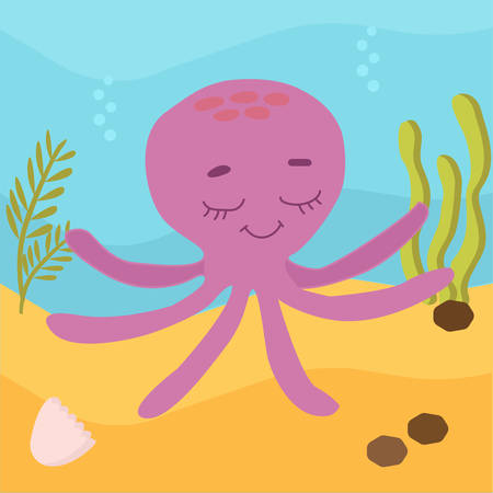 Sea life. Vector illustration. Cute octopus . Colored Underwater world, marine animals. background is ocean nature - sand and deep blue water with sea weedのイラスト素材