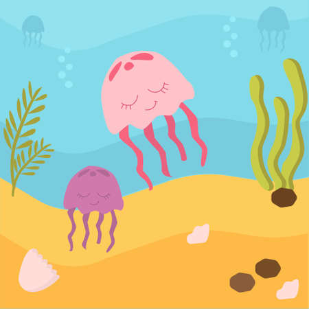 Sea life. Vector illustration. Cute jellyfish . Colored Underwater world, marine animals. background is ocean nature - sand and deep blue water with sea weedのイラスト素材
