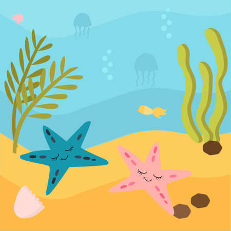 Sea life. Vector illustration. Cute starfis . Colored Underwater world, marine animals. background is ocean nature - sand and deep blue water with sea weedのイラスト素材