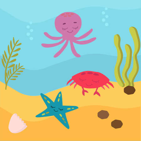 vector illustration. Underwater world, marine life of oceanic animals. Jellyfish and seahorses, whale and stars, crabs and turtles swim in the water. Around the driftwood, the sand and air bubbles. Brightly coloredのイラスト素材