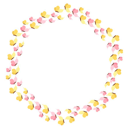 circular wreath with butterflies. oval round frame. Greeting card. Butterfly pink blue red on white background. Vector. Copy space banner.Background templateのイラスト素材