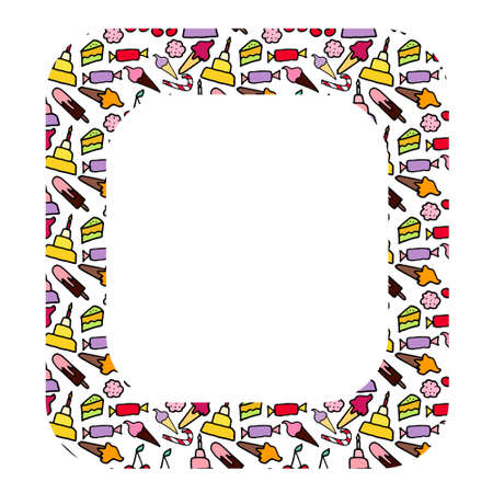 Vector oval frame with doodle candies. Sweet are hand drawn with black stroke. Cherry, cakes, bakery. Isolated on white background. Copy space.のイラスト素材
