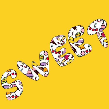Vector lettering Sweet made of candies and sweets. Yellow funny background. Hand drawn objects....