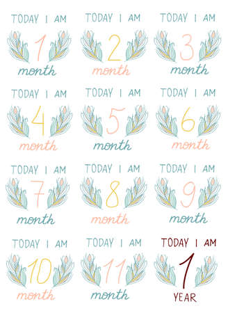 Cute Baby milestone cards. Can use for monthly baby picture Cards and baby shower gift. Simple and Adorable collection of milestone cards. Isolated on white. Pink hearts. Hand drawn lettering.のイラスト素材