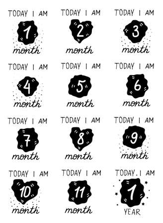 Cute Baby milestone cards. Can use for monthly baby picture Cards and baby shower gift. Simple and Adorable collection of milestone cards. Isolated on white. Pink hearts. Hand drawn lettering.のイラスト素材