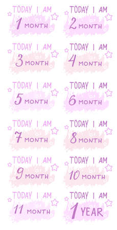 Cute Baby milestone cards. Can use for monthly baby picture Cards and baby shower gift. Simple and Adorable collection of milestone cards. Isolated on white. Pink hearts. Hand drawn lettering.のイラスト素材