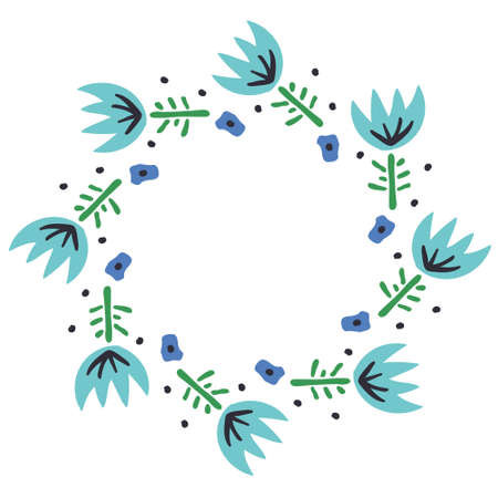 Simple frame of flat or scandinavian style garden flowers. Bright colors and contrast elements. Oval or round frame with blue and pink flower and leaves. Best for invitation or wedding. Copy space.のイラスト素材