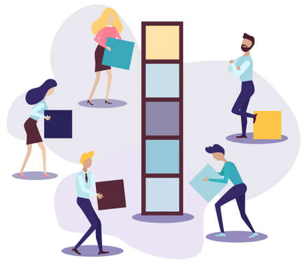Business concept.Team metaphor. people connecting puzzle elements. collect part of whole. Vector illustration flat design style. Symbol of teamwork, cooperation, partnership. Male and female. Officeのイラスト素材