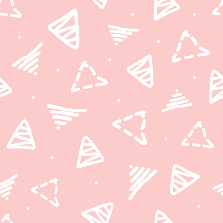 Colored seamless pattern with repeating triangles and round spots. Drawn by hand. Vector...