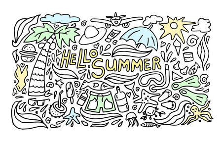 Summer black hand drawn thin line postcard isolated on white background. Seasonal greeting with...