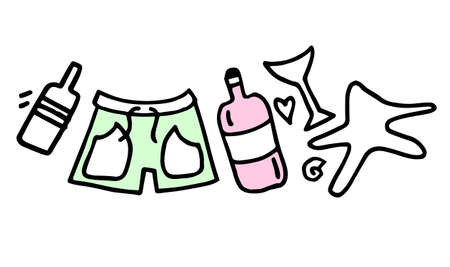 Summer black hand drawn thin line postcard isolated on white background. Doodle card with swimsuit, bottle, glass and sea star. Colored Vector illustrationのイラスト素材