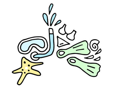 Summer black hand drawn thin line postcard isolated on white background. Doodle card with swimsuit, glasses, umbrella, airplane, sun, clouds, leaves. Colored Vector illustrationのイラスト素材