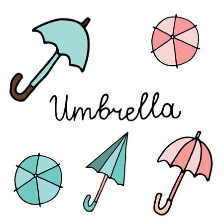 Set of doodle coloring umbrella icon isolated on white, outline kids hand drawing art line, logo, sticker, sketch vector stock illustrationのイラスト素材