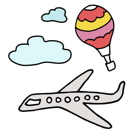 Hand drawn colored doodle. Grey plane in the sky and colored balloon with clouds. Travelling and vacation concept. Vector illustration isolated on white backgroundのイラスト素材