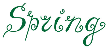 Doodle hand drawn lettering spring. Colored green letters isolated on white background. Best for...