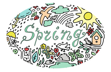 Colored Doodle Spring. Birds, sky, aminals. Vector sketchy line art Doodle cartoon set of objects and symbols on the Spring nature theme in circle form. White backgroundのイラスト素材