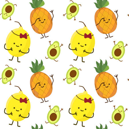 kawaii fruits seamless pattern set with face expression on dark purple color background vector illustration. Concept of joy and happiness.のイラスト素材