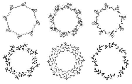 Set of six frames with black hand drawn wreath. Hand drawn simple line. Black stroke. Isolated on white background. Elegant and noble. Best for wedding design. Invitation. Copy spaceのイラスト素材