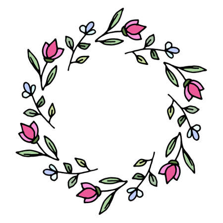Colored vector illustration of floral frame. Rustic. Hand drawn simple line. Black stroke. Isolated on white background. Brush. Elegant and noble. Best for wedding design. Invitation. Copy spaceのイラスト素材