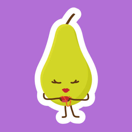Shy and trendy beautiful pear sticker with Kawaii cute face. Girl with closed eyes and red lipstick holds small bag in her arms. Funny illustartionのイラスト素材