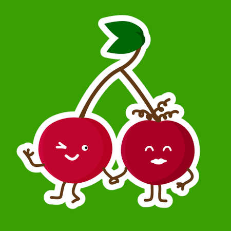 Kawaii Bright red cherry couple sticker with Kawaii cute face. Happy person with closed eyes. can be used for learning children for food names or as an element in healthy lifestyle design. Funny illustartionのイラスト素材