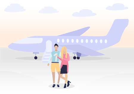 young couple is standing near plane is ready ti fly. He hugs her. Happy life, travelling, trip. Big blue aircraft with engine, wings and ladder. SHe points to her boyfriend. Vector flat illustrationのイラスト素材