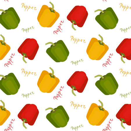 Red, green and yellow peppers seamless pattern on white background. identical gaps, geometric...