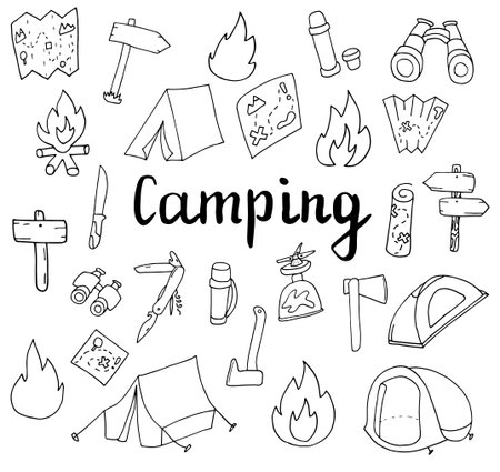Hand Drawn Camping And Hiking Elements Isolated On White Background Cute Background With Lettering Full Of Icons Perfect For Summer Camp Flyers And Posters Outlined Vector Illustration Royalty Free Vector Graphics