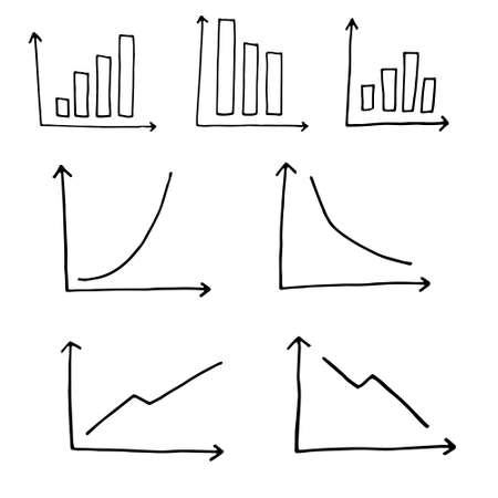 Set of Business hand writing step growth graph. White graph xy lines. Growth and decline, development and decline of income, shares. Scale, zoom in , zoom out . Doodle illustration black stroke isolated on white backgroundのイラスト素材