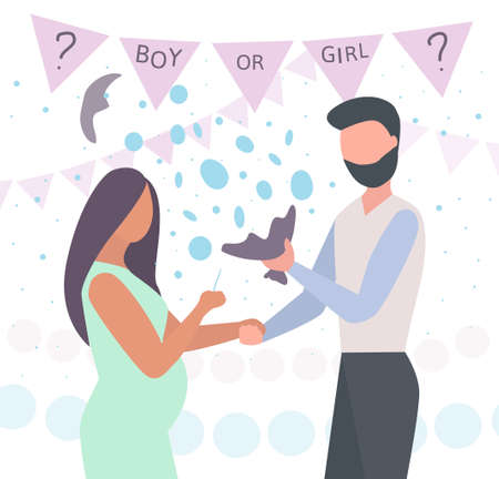 Baby gender reveal Announcement party. Pregnant woman hold spine. husband holds a burst balloon. Blue confetti is flying around. decoration are behind them. Trendy flat vectorのイラスト素材