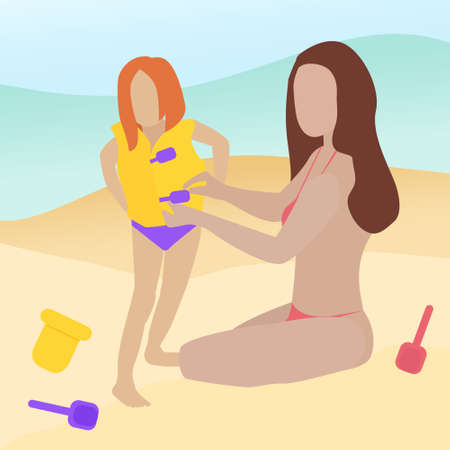Summer, sea. Mother and daughter are on the beach. Mother fastens a yellow life jacket on a child. Sand, water, toys. Vector illustration in a flat style.のイラスト素材