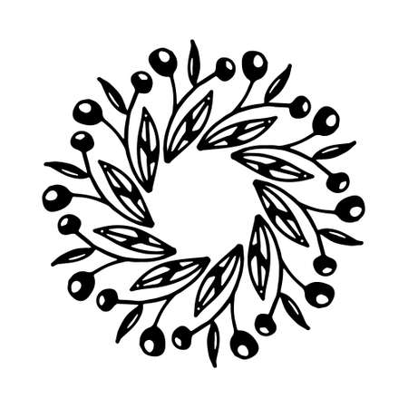 vector illustration of floral curls frame. Rustic style. Hand drawn intricately line. Black stroke. Isolated on white background.のイラスト素材