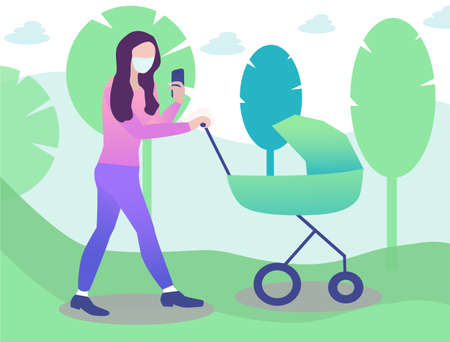 young mother in the mask is walking with baby in pram and looking in a smartphone. Novel coronavirusのイラスト素材