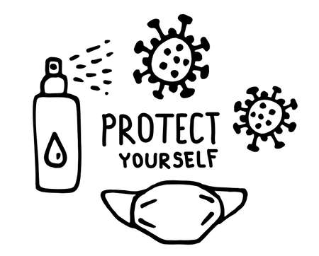hand drawn doodle with lettering Protect yourself. Medical face mask and antiseptic. Coronavirusのイラスト素材