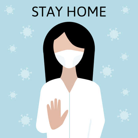 Female doctor wearing a medical mask. stop gesture and lettering Stay home. Coronavirus quarantine,のイラスト素材