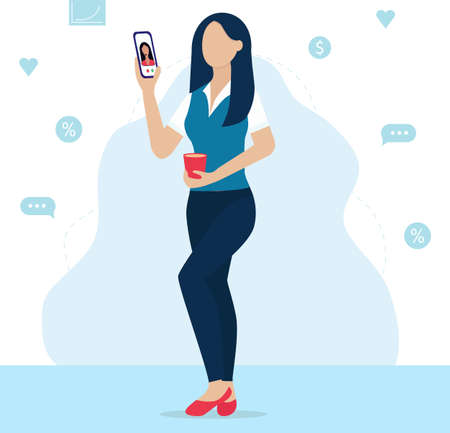 A young girl with dark hair speaks via video call. Remote work. The woman stands in a relaxed pose, holding a Cup of coffee or tea. Work is a pleasure. Trend flat designのイラスト素材