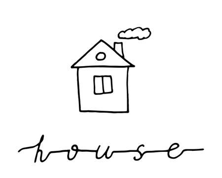 Hand drawn doodle house with lettering. Black stroke. Simple vector illustration for wed design, banners and colouring book.のイラスト素材