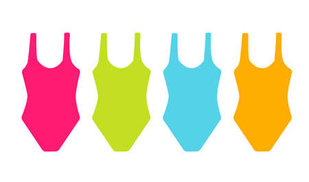 Collection of women s lingerie and swimwear isolated on white background. Set of coloured underwear or swimsuits. Flat cartoon colorful vector illustration.のイラスト素材