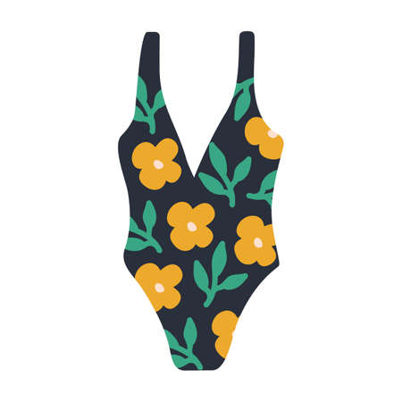 Modern hand drawn colorful one piece women s swimwear. pattern with hand drawn yellow flowers and green leaves. Sensuality and femininity concept.のイラスト素材