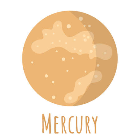 Mercury planet for  outer space, symbol. Transparent shadow and lettering. Vector illustration isolated on background. Flat style design.のイラスト素材