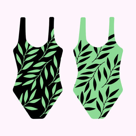 Collection of two women s swimwear isolated on yellow background. pattern with tropical leaves. Set of coloured underwear or swimsuits. Flat cartoon colorful vector illustration.のイラスト素材