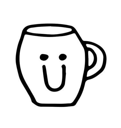 a hand drawn cup with a smile. Funny picture, kawaii style. Doodle illustration black stroke isolated on white backgroundのイラスト素材