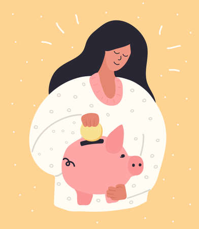 Young Woman Putting a gold Coin Into a Piggy Money Box. People Saving and Collect Money. Hand drawn cute style. Vecor illustration.のイラスト素材