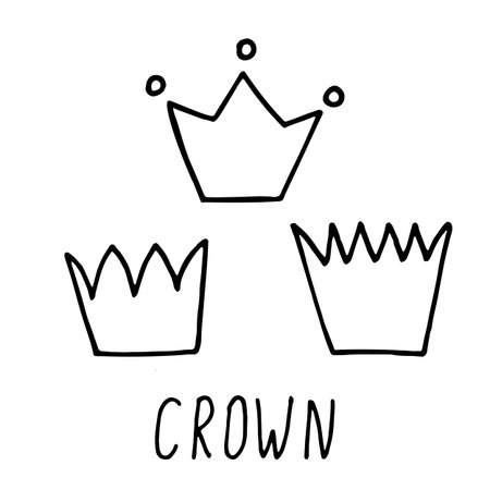 Hand drawn doodle crown with hand written lettering. three pieces. Simple vector illustration with black stroke isolated on white background.のイラスト素材