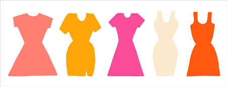 Vector illustration set of colored omen s dresses. Pink, red, yellow and white hand drawn doodle. Coloring book on the theme of women s clothing, dresses for girls.のイラスト素材