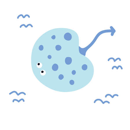 Vector hand drawn doodle electric ray. colored children s illustration, poster, print with a cute ray in Scandinavian style on a white background. Cute baby animals. Underwater.のイラスト素材