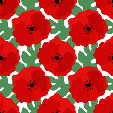 Seamless pattern with Flower red poppies Papaver rhoeas, corn rose, field poppy, red weed on a white background with leavesのイラスト素材