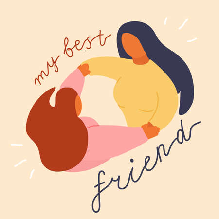 two young women hold each other s hands and dance. Their Hair are flying. Concept of female friendship. Hand drawn lettering My best friend. Girlfriend. Vector illustrationのイラスト素材