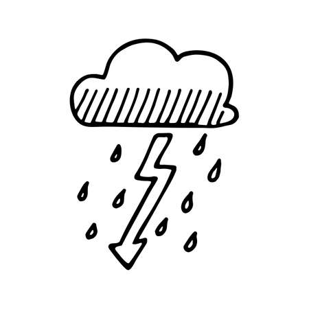 thundercloud with lightning and raindrops. doodle cloud illustration hand drawn vector. One simple cloud on the sky. Thick black stroke isolated on white background.のイラスト素材